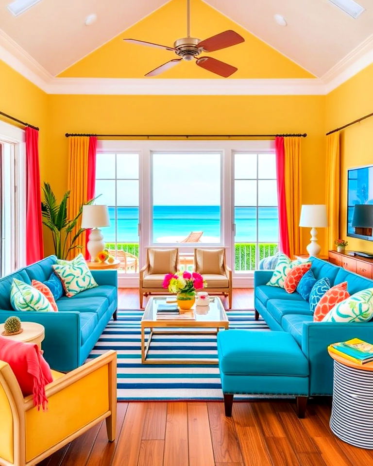 vibrant and colorful beach house living room