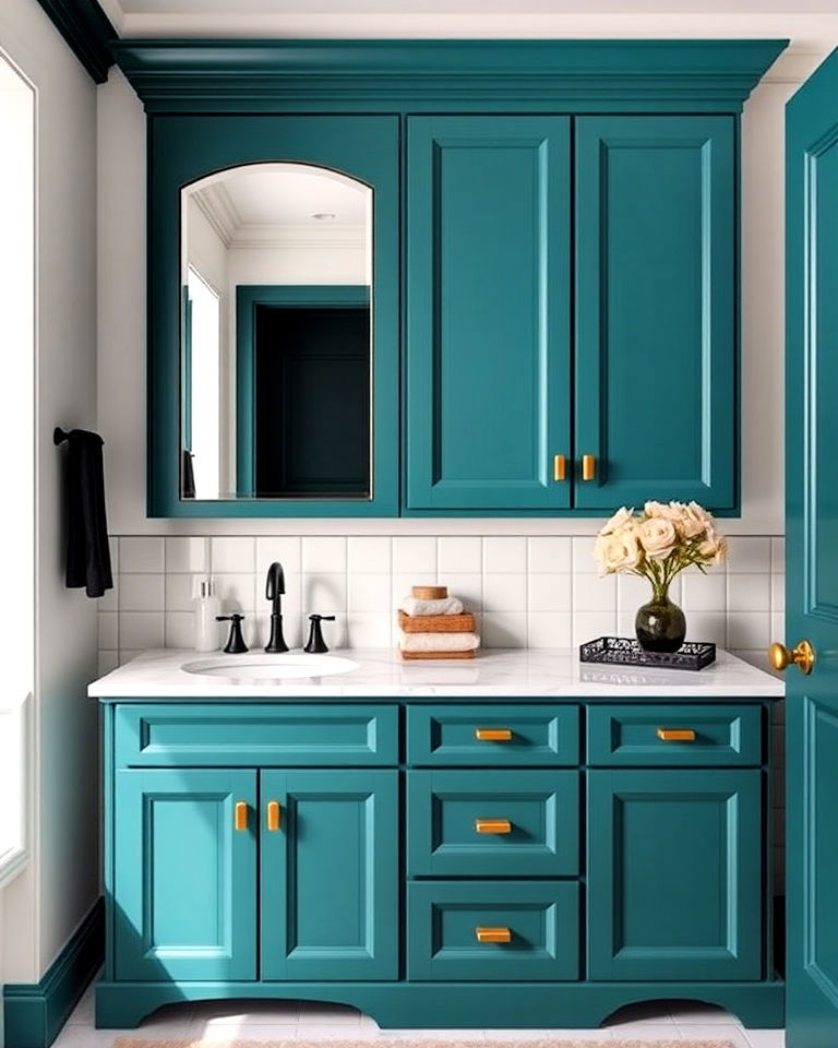 vibrant and eye catching teal bathroom cabinetry