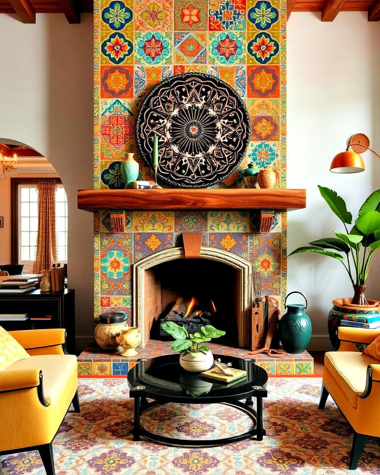 vibrant and lively eclectic spanish tile fireplace