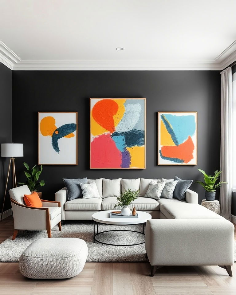 vibrant art display with dark grey walls in living room