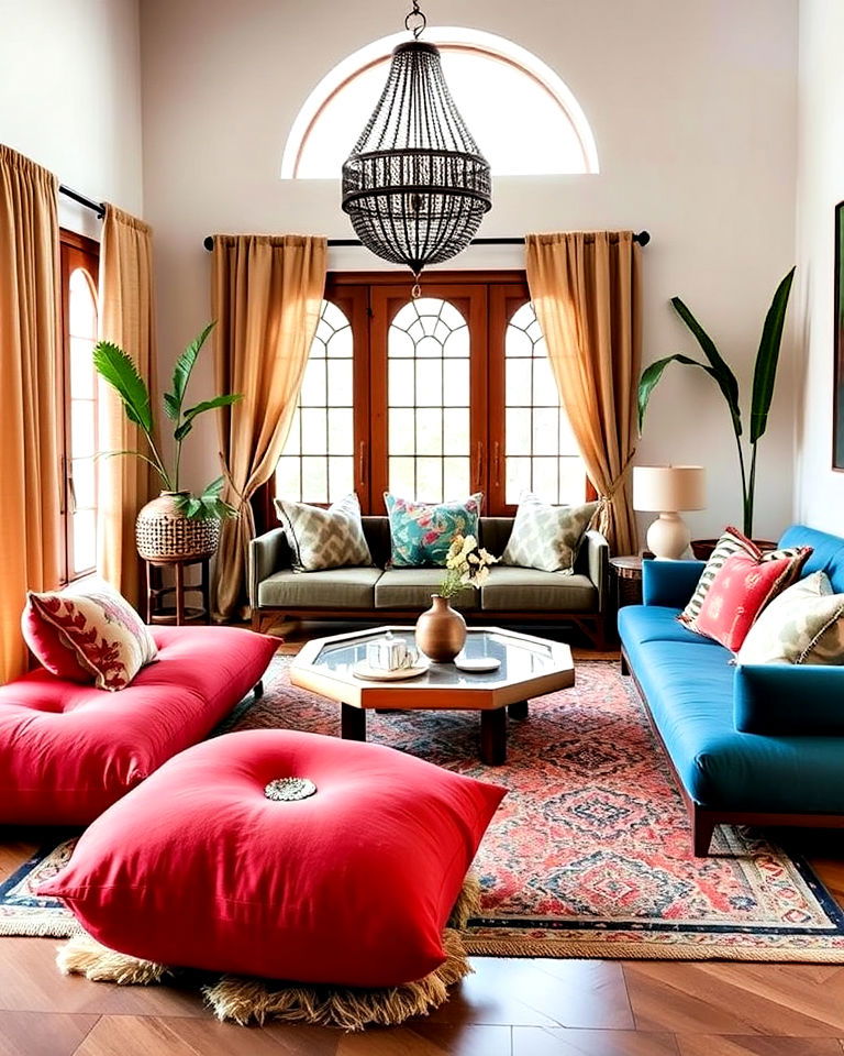 vibrant floor cushions for moroccan living room