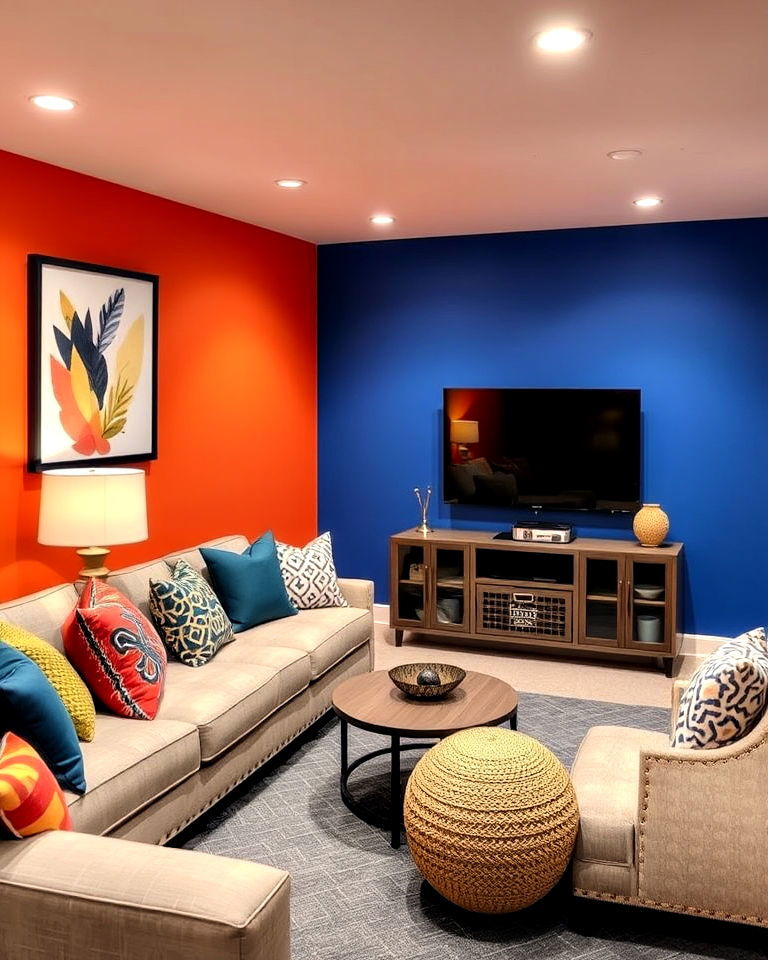 vibrant pop of color wall for basement