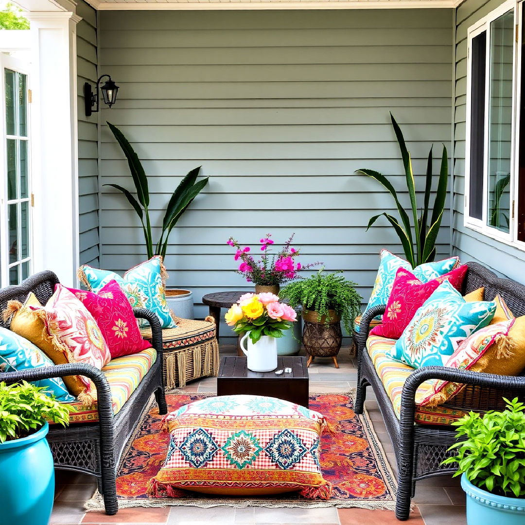 vibrant throw pillows for boho patio