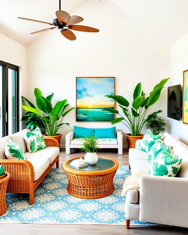 vibrant tropical inspired beach house living room