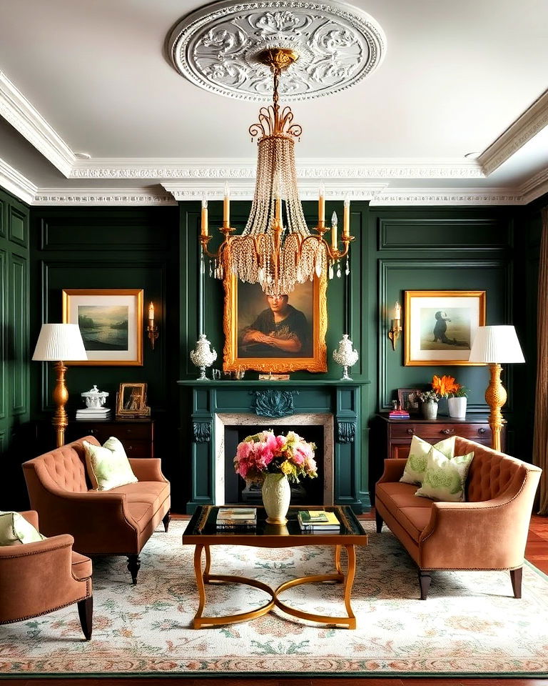 victorian brass lighting fixtures against dark green walls