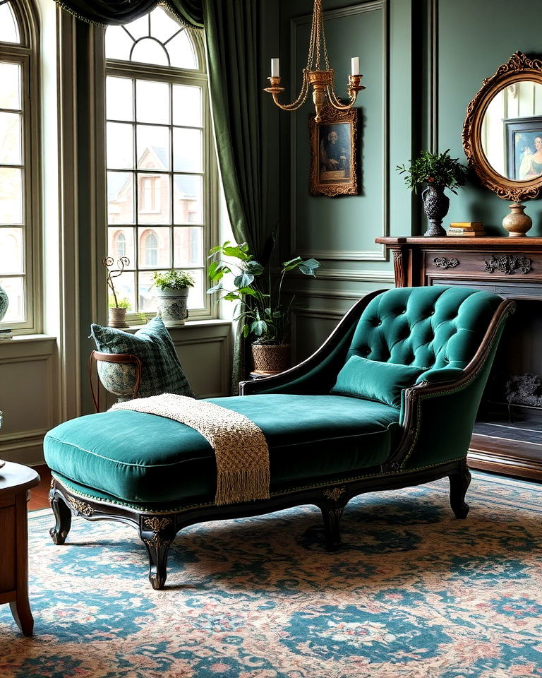 victorian chaise lounge in dark green upholstery