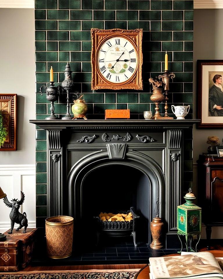 victorian fireplace mantel with dark green tiles