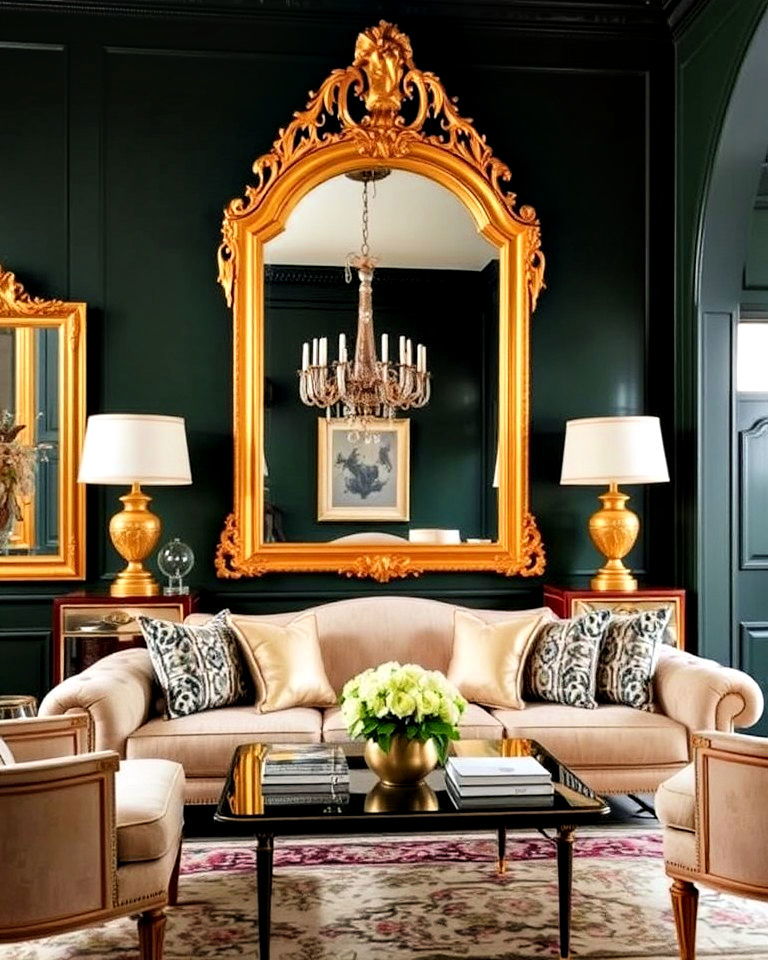 victorian gilt mirrors on dark green walls