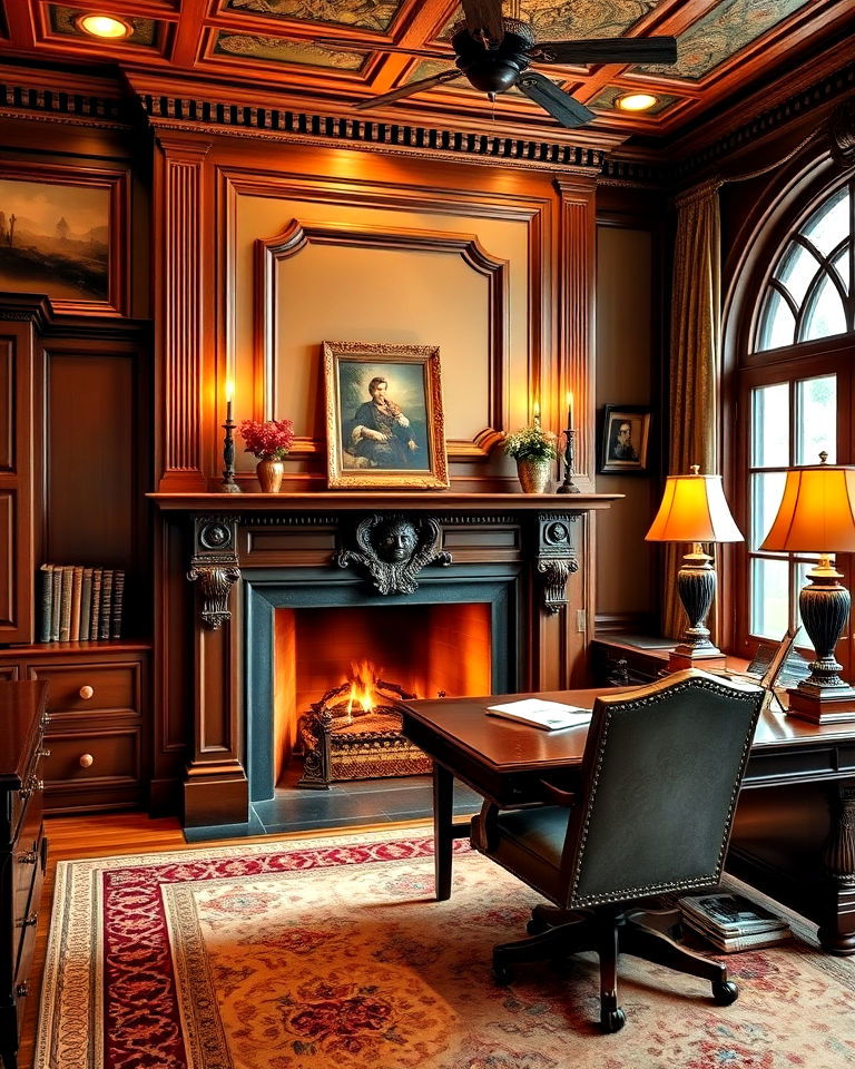 victorian inspired office with ornate fireplace