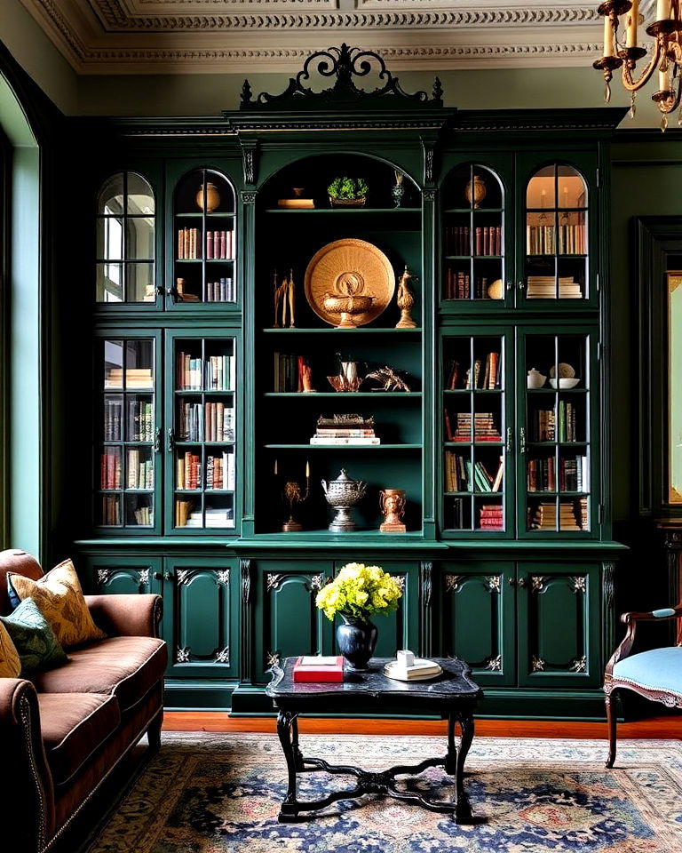 victorian style dark green bookcase