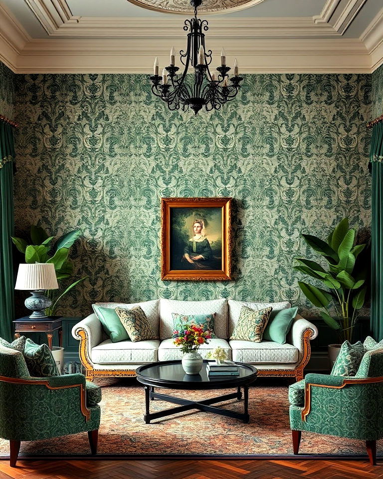 victorian style wallpaper with dark green accents