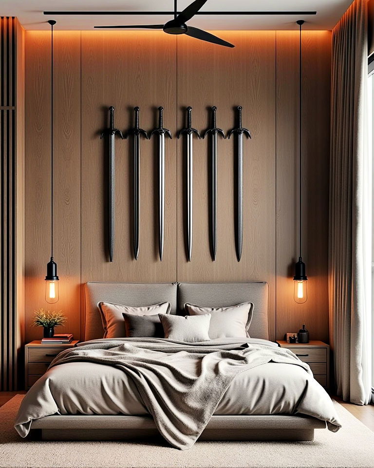 viking weaponry as decor for bedroom