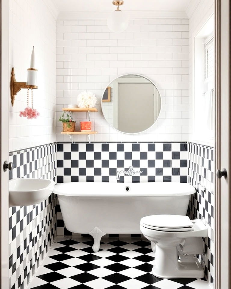 vintage appeal with checkerboard half wall tile