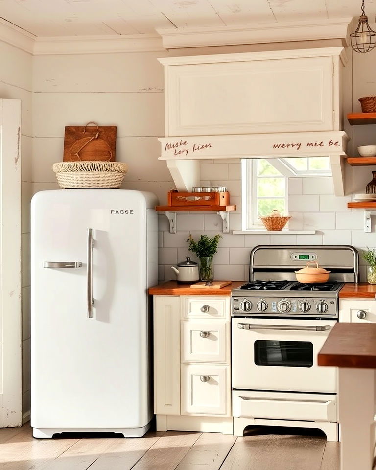 vintage appliances in a rustic white kitchenc