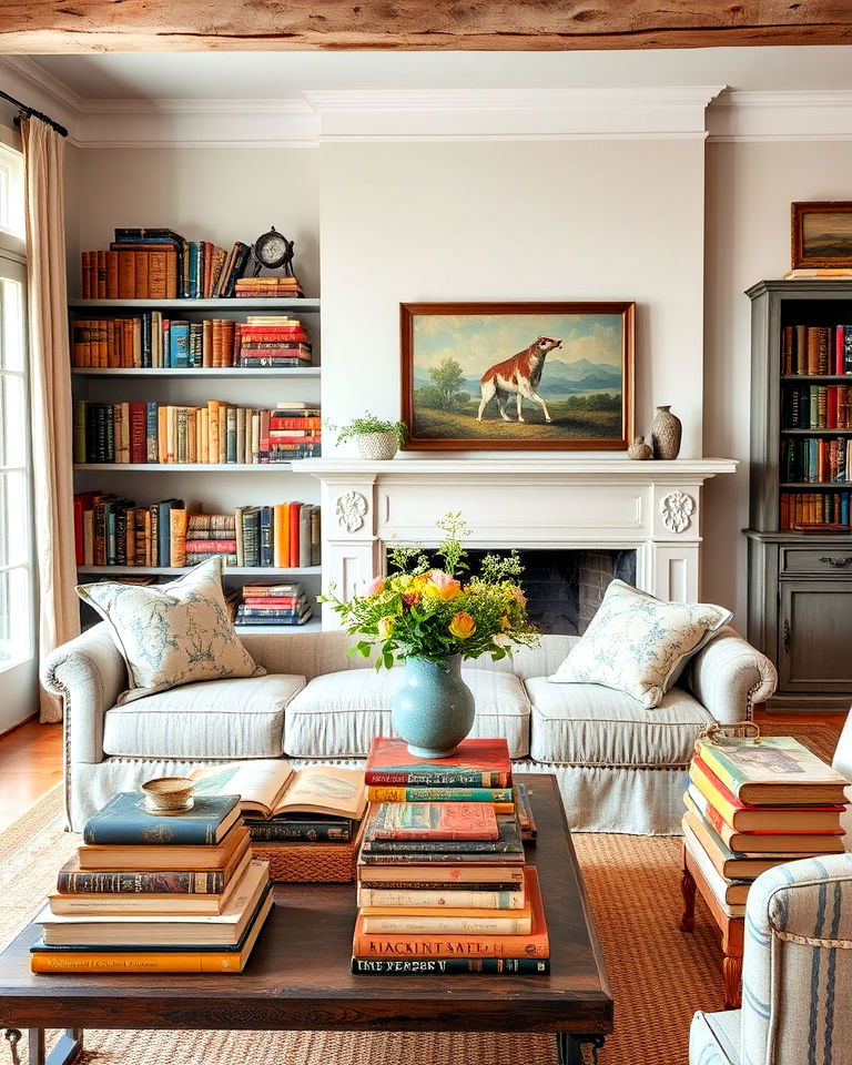 vintage books in living room