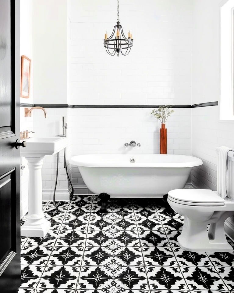 vintage charm bathroom with patterned black tiles