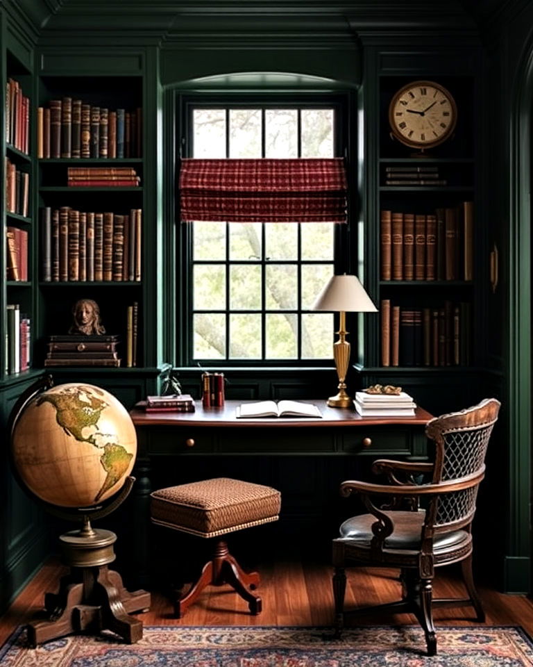 vintage dark green study with antique furniture