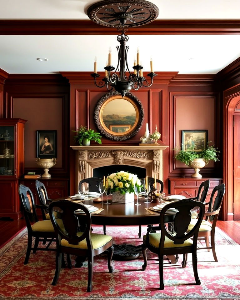 vintage dining room with ornate fireplace