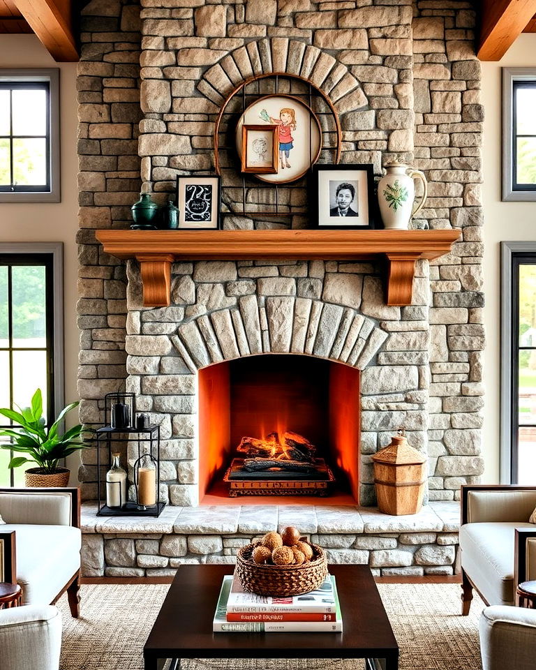 vintage faux stone fireplace with mantel décor