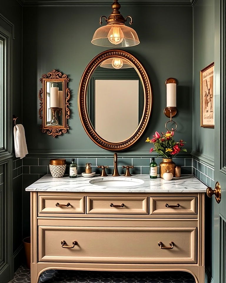 vintage fixtures and accents for maximalist bathroom