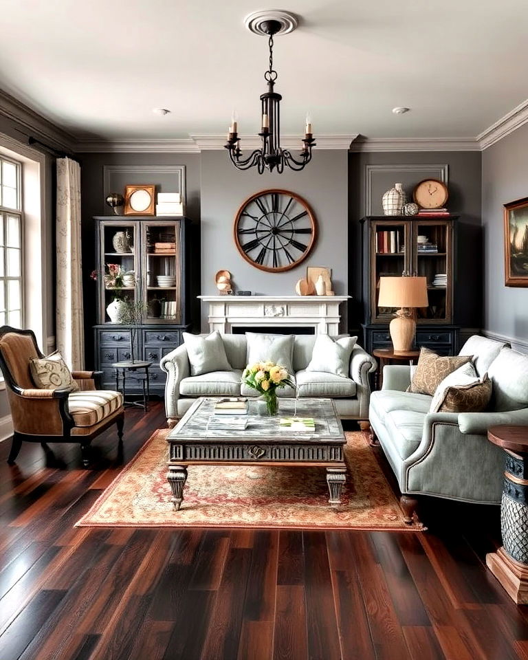 vintage grey living room with dark wood flooring