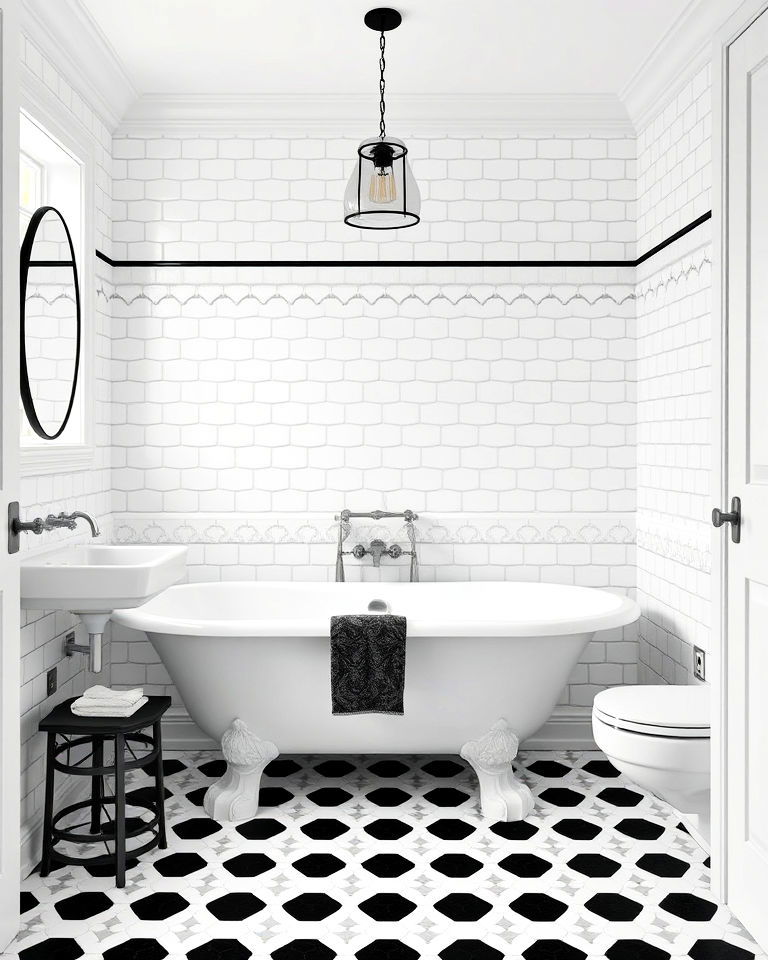 vintage hexagon tiles in black and white floor