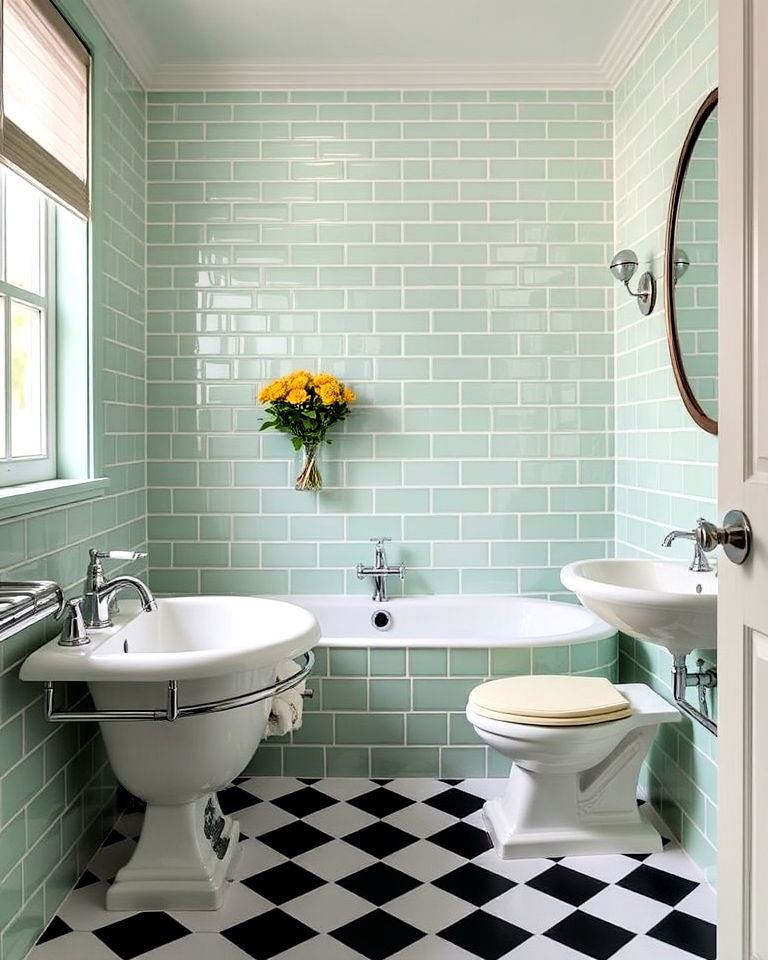 vintage inspired bathroom with mint green tiles