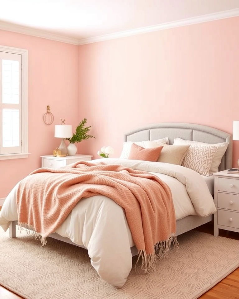 blush pink bedroom walls with light gray furniture