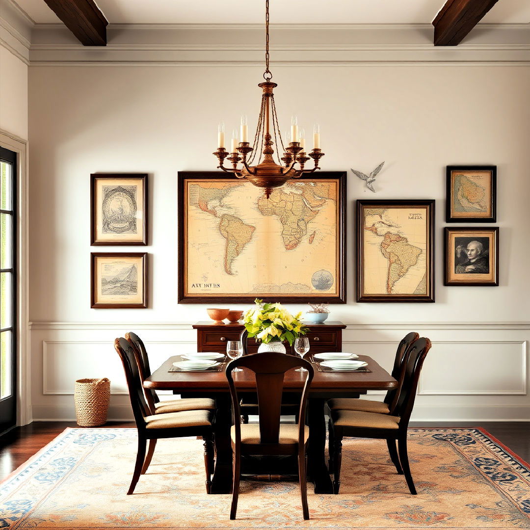 vintage maps as wall art for colonial dining room