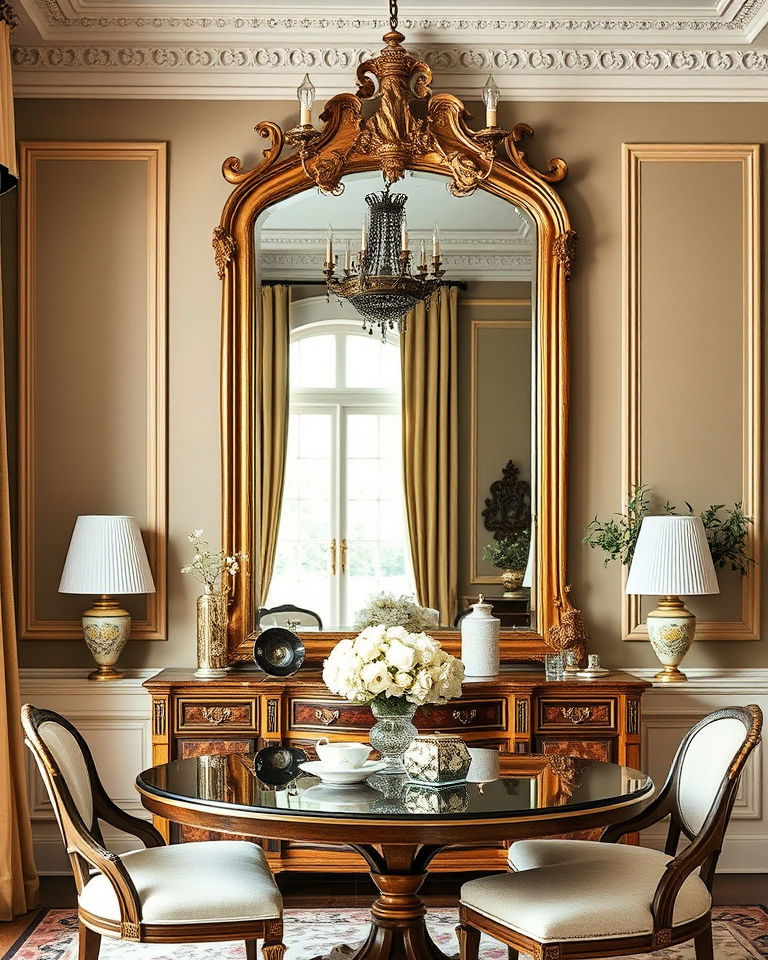 vintage mirror with gilded frame dining room