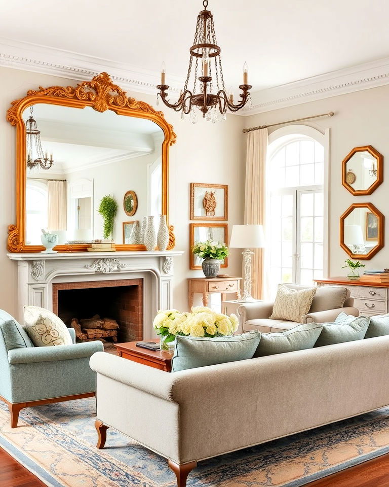 vintage mirrors over the mantel