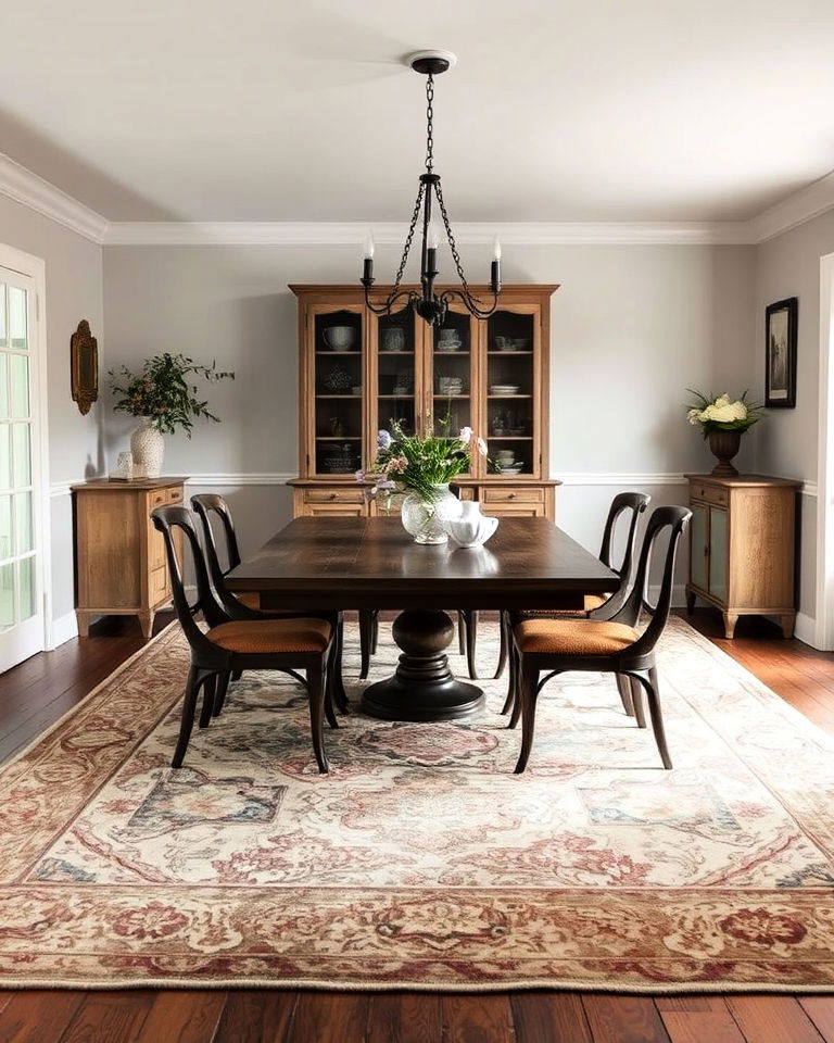 vintage rug for warmth and texture dining room