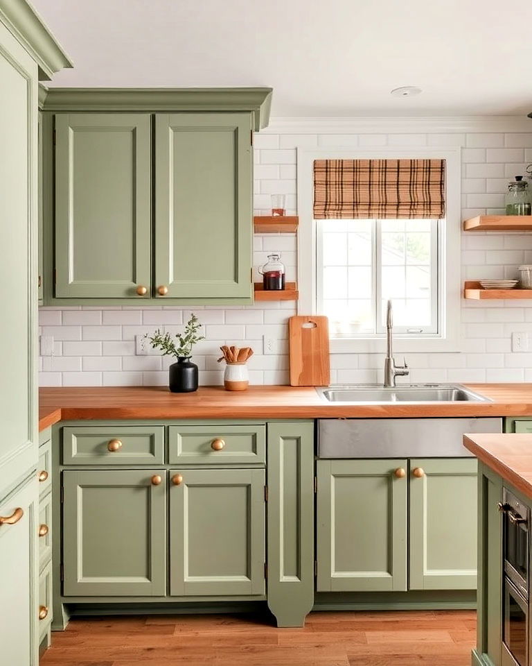 vintage sage green cabinets with antique butcher block countertop