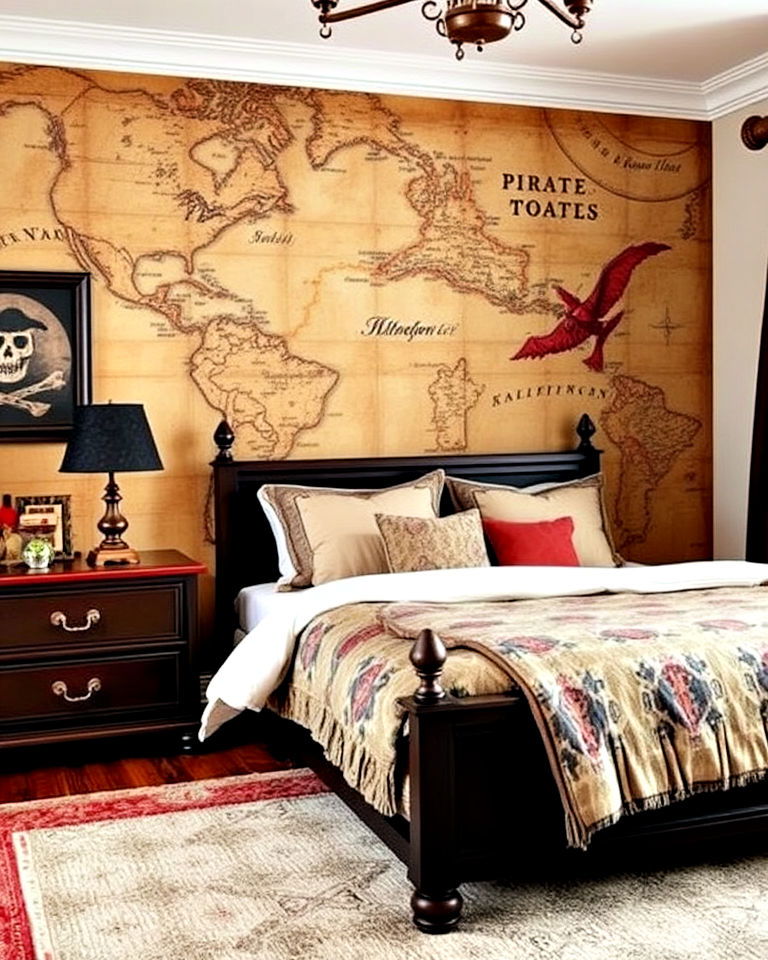 vintage style map wallpaper for a pirate themed bedroom