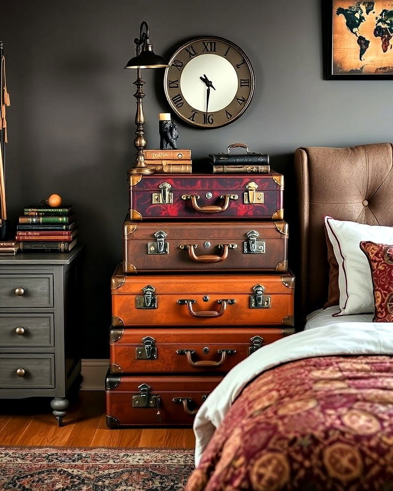 vintage suitcase nightstand for steampunk bedroom