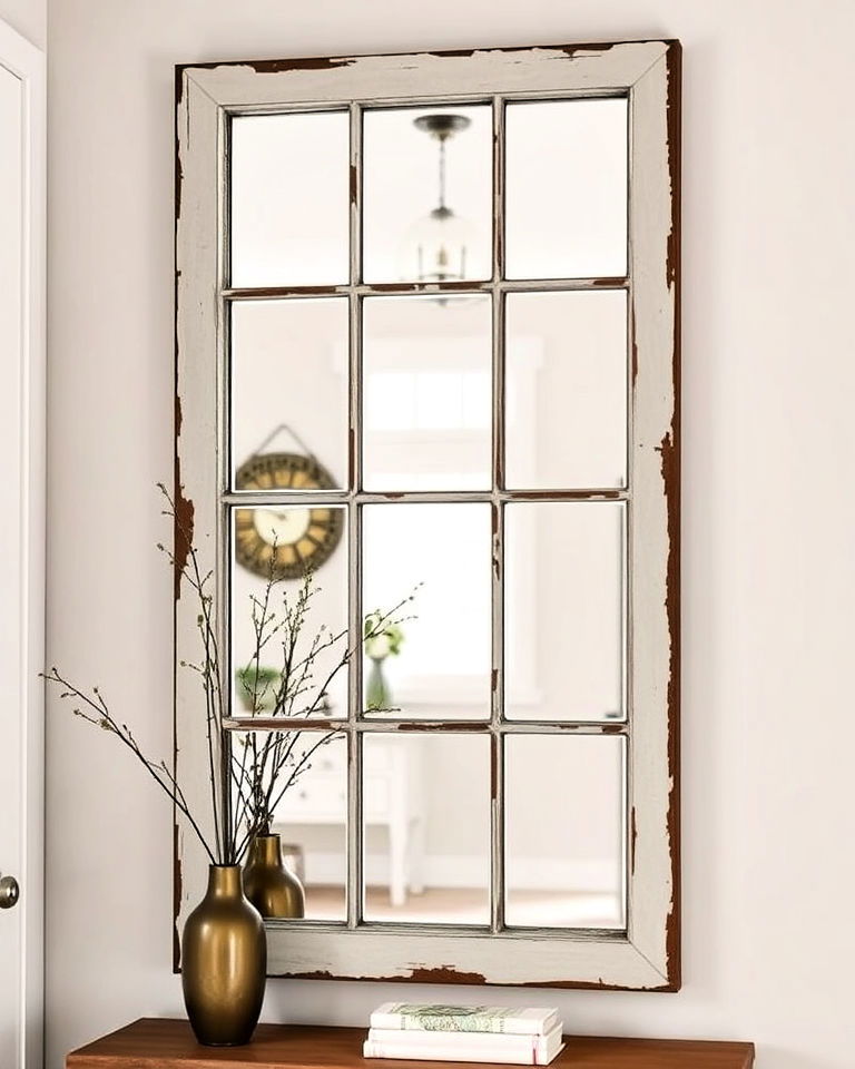 vintage window pane mirror for rustic charm