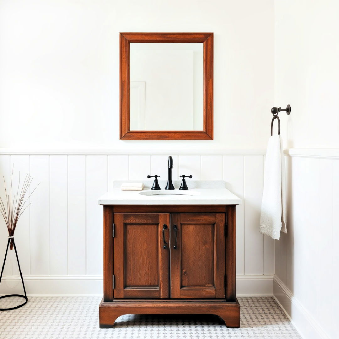 vintage wood vanity with black faucet design