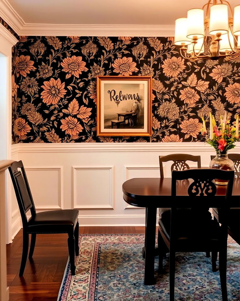 wainscoting with wallpaper for a striking dining room