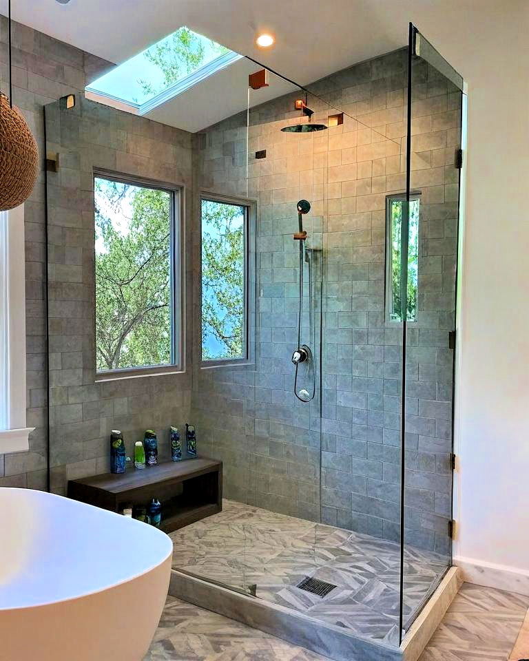 walk in shower with mirror walls for an open feel