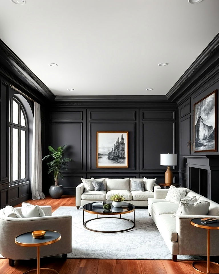 wall molding in dark shades living room