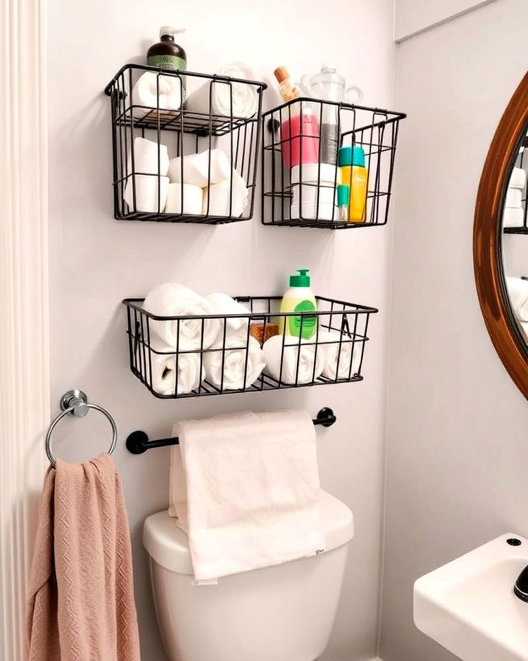 wall mounted baskets to hold rolled towels