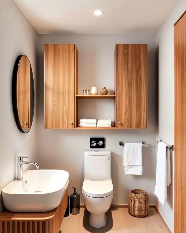 wall mounted storage for a clean look in bathroom