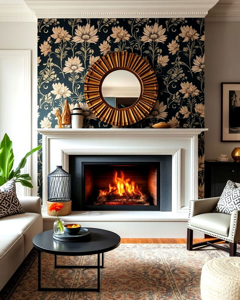 wallpapered fireplace wall