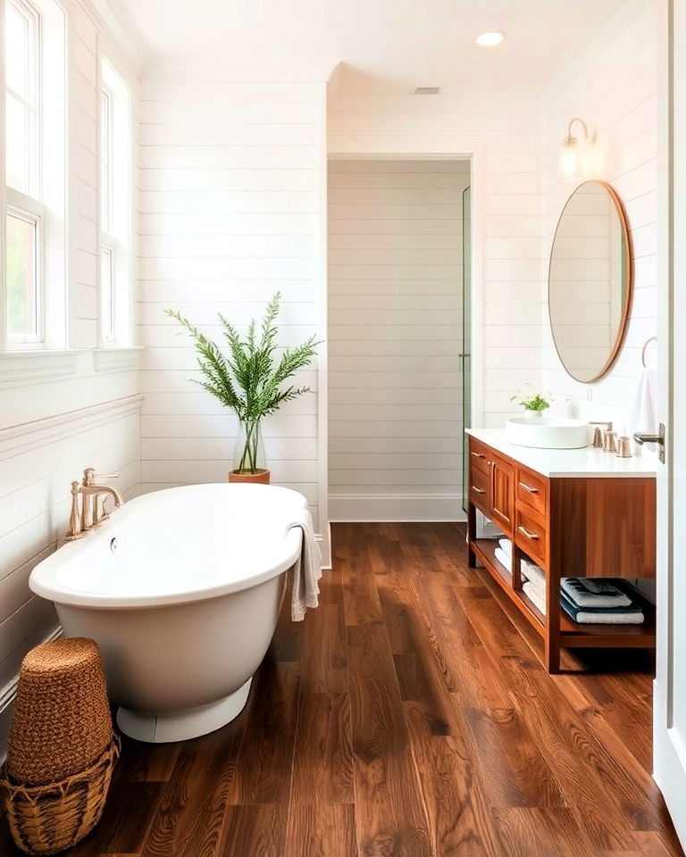 walnut wood bathroom floor for rich warmth