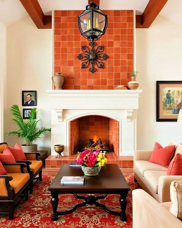 warm and earthy spanish style red clay tile fireplace