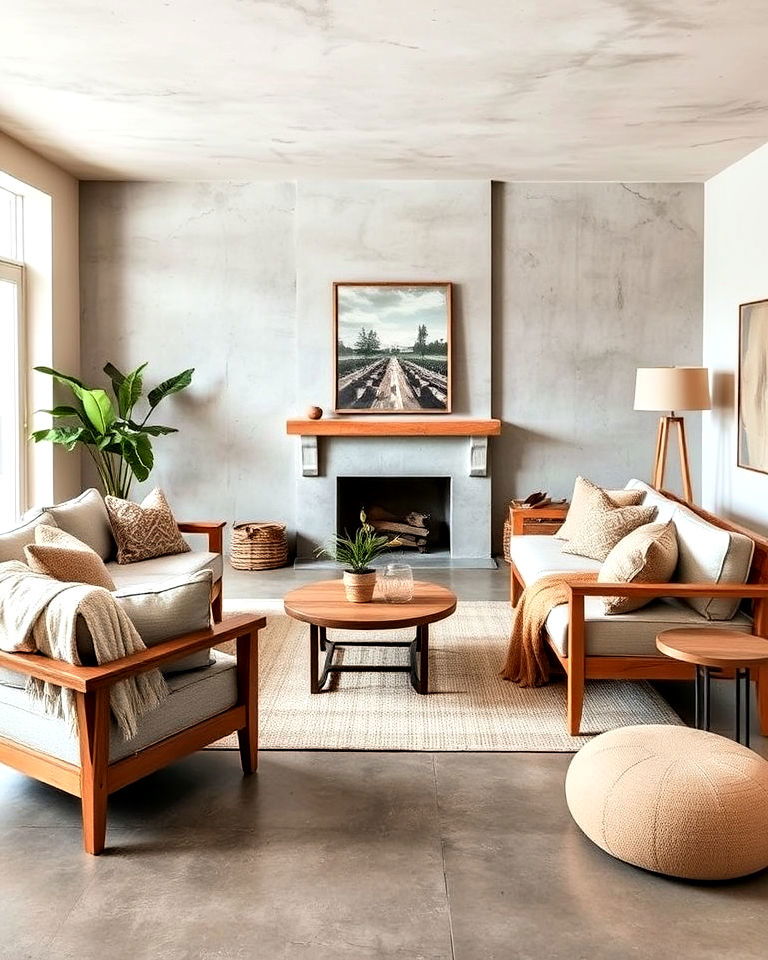 warm neutral tones with concrete floors