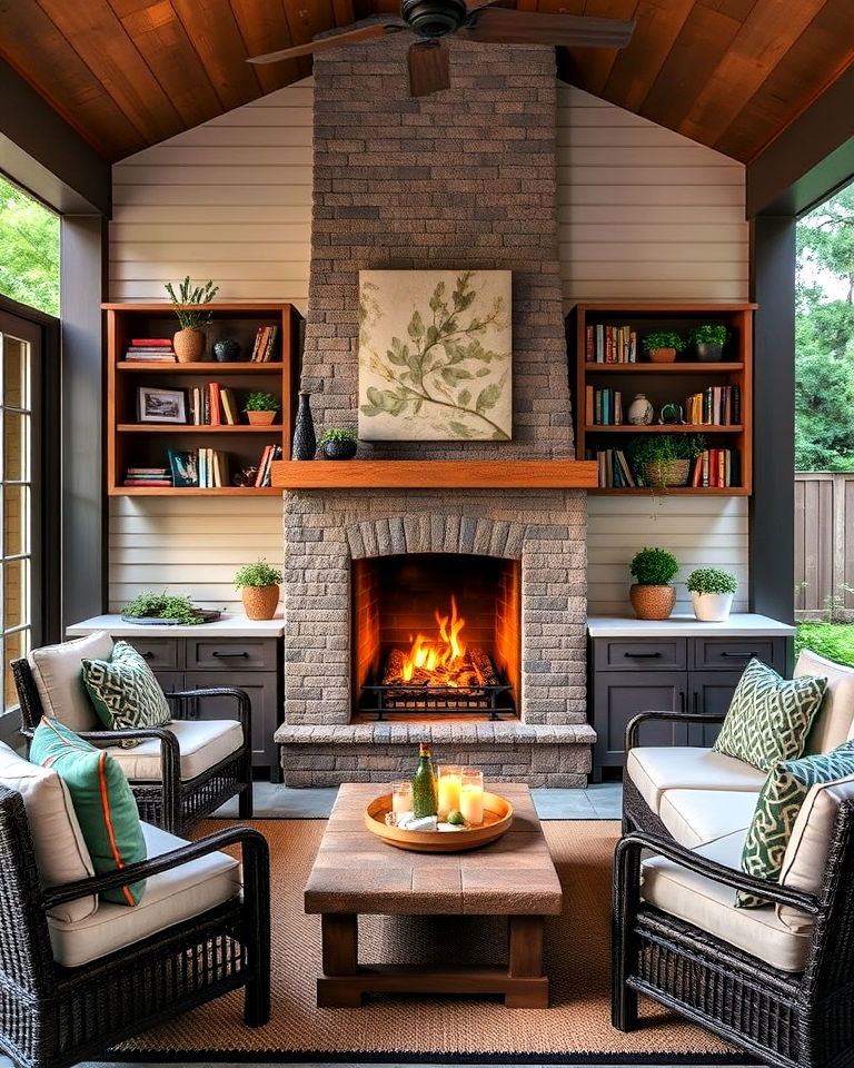 weather resistant bookshelves for outdoor fireplace