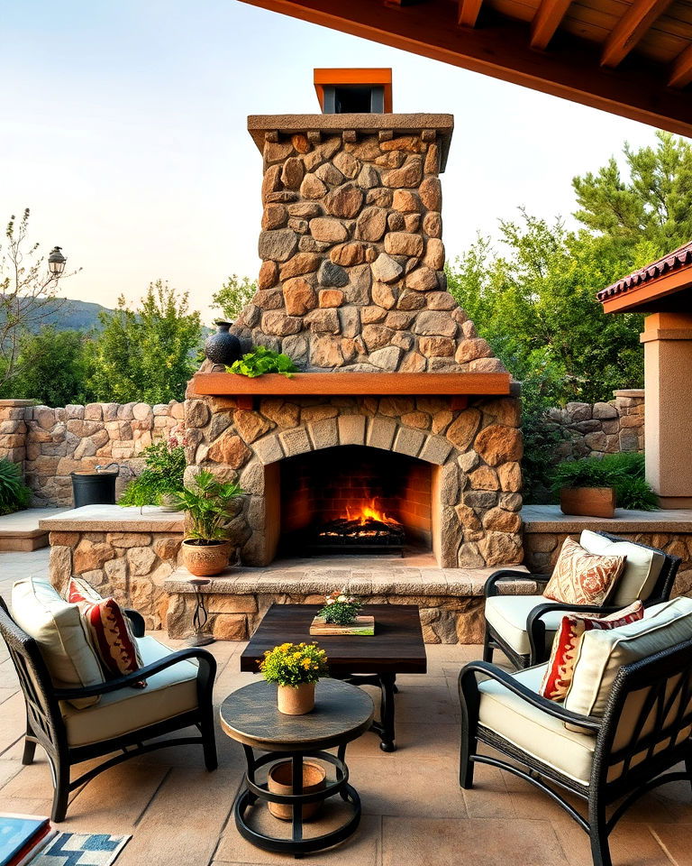 weathered stone fireplace