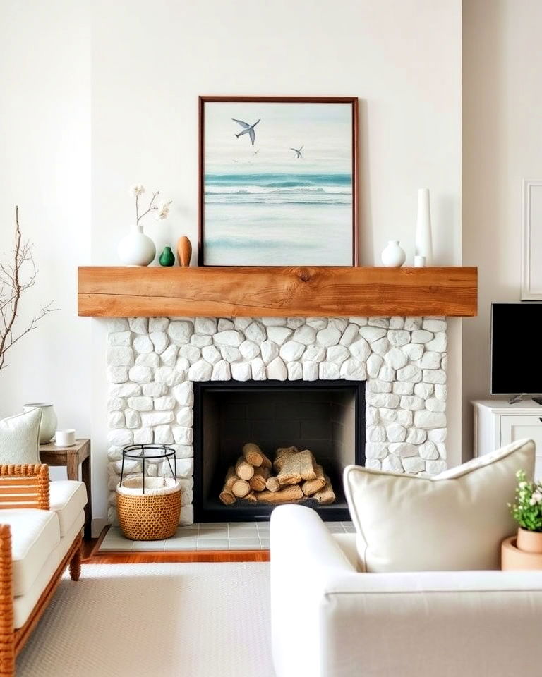 weathered wood mantel with sea glass accents