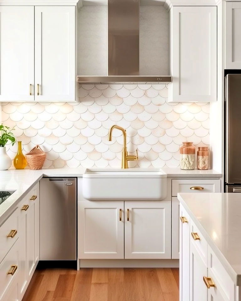 white and gold fish scale tiles backsplash